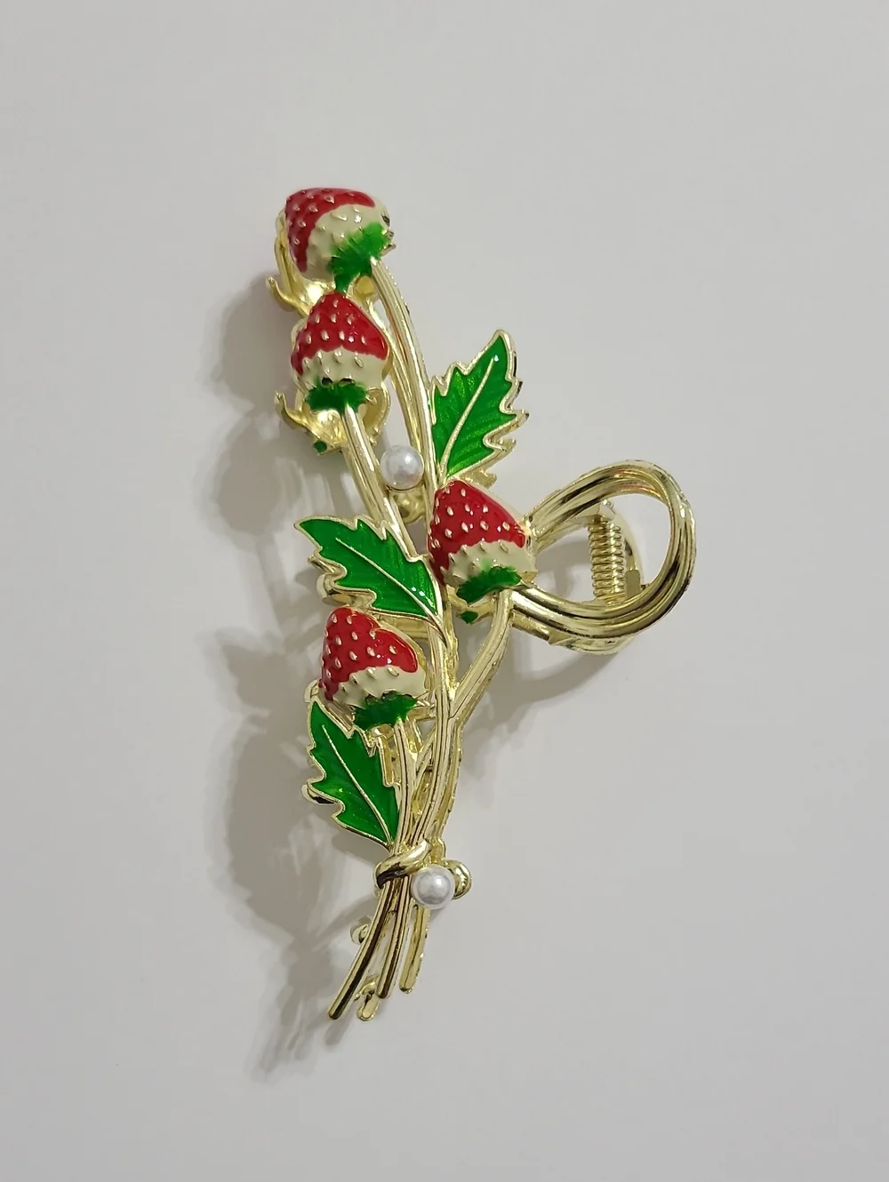 Gold-tone Strawberry Leaf Hair Claw Clip with Red & Green Enamel NWOT